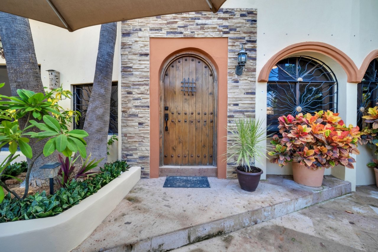 Wood entry door and arched window