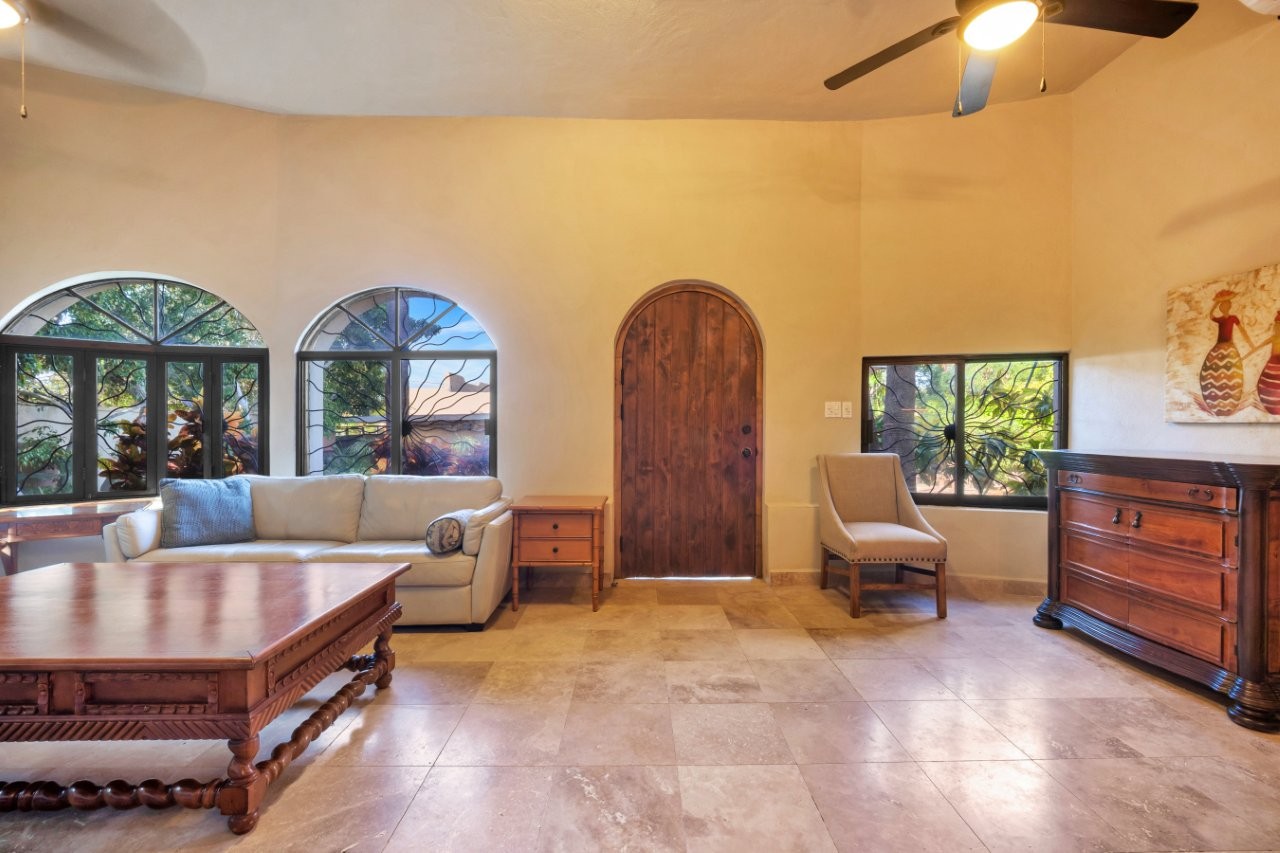 Arched windows overlooking the courtyard
